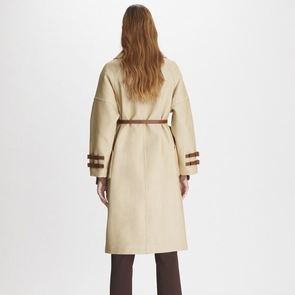 NWT Tory Burch Oversized Trench Coat in Structured Cotton with Leather Trim - Picture 5 of 12